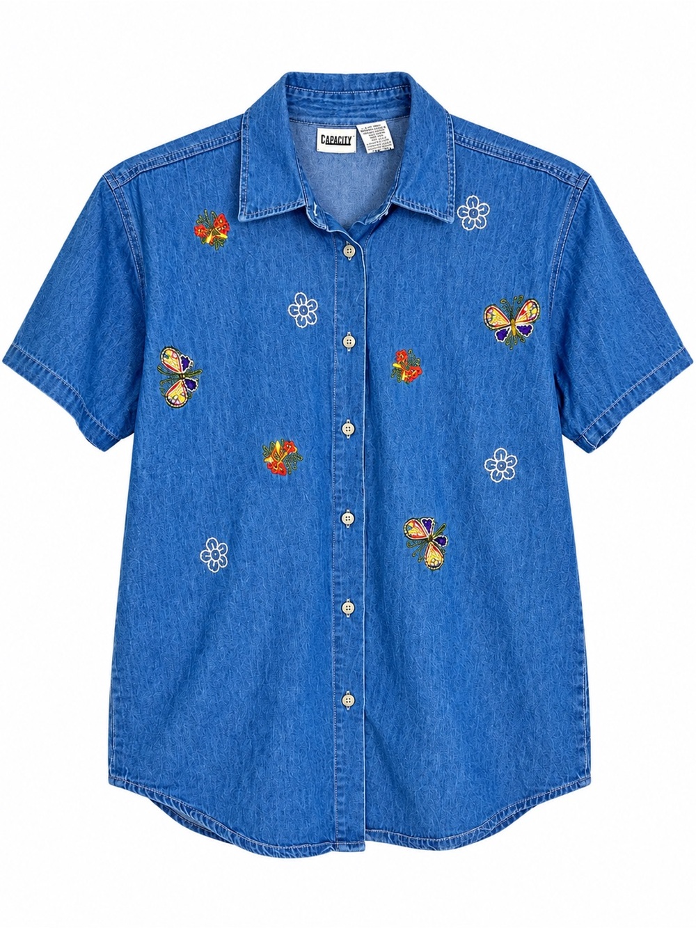 Capacity Vintage Denim Shirt Womens XL Butterfly Floral Embroidered Button Front